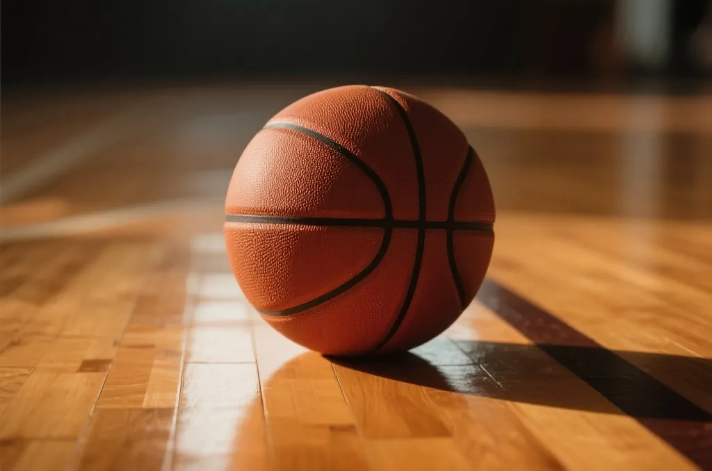 A close-up of a basketball resting on a polished hardwood court surface, soft warm lighting, shallow depth of field